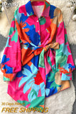 New Spring Fashion Women's Shirt Dress Multi-color Print Turn-down Collar Long Sleeve Sash Bow-tied Buttons Short