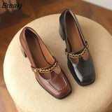 2023 Spring Autumn Retro French Small High Heels Single Shoes Thick Heel Women Chain Shallow Mount Grace Square Toe