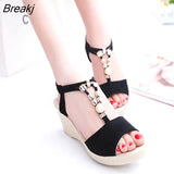 Summer Ladies Platform Wedge Sandals with Rhinestone Red Beige Casual Comfortable Slope Heel Open Toe Shoes Women's