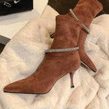 Fashion Retro Rhinestone Ring Buckle Pointed Toe Stiletto Ankle Boots Skinny Boots Stretch Boots Single Boots