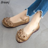 Spring Fashion Flower Design Round Toe Soft Bottom Flat Shoes Vintage Genuine Leather Women Flats Girl Loafer Large