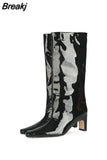 Knee-length Women's Boots Square Heel Plush Solid Color Slip-on Party Woman Boots Winter Women Low Heel Leather
