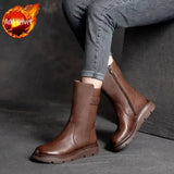 Mid Calf Women's Boots Wedge Heel Biker Shoes for Woman Half High Leather Brown Fashion 2023 on Offer Free Shipping
