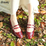 Patent Leather Women Pumps Retro Thick High-heeled Female Pumps Square Heels Scalp Vintage Women Mary Jane