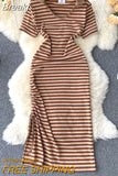 Style Striped Dress Women 2023 Fashion Summer Polo Dress Casual Short Sleeve Slim Drawstring Ruched Split Long Maxi