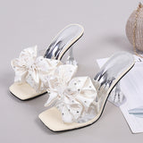 New Fashion Crystal Bow High Heels Slippers Shoes Woman Sexy PVC Transparent Sandals Women Slides Open Toe Pumps Blue