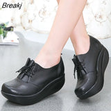 New Women's Genuine Leather Platform Shoes Wedges Black Lady Casual Shoes Swing Lace Up High Heels Shoe Plus Size