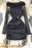Off Shoulder Bodycon Mini Dress Women Fashion Spring Slash Neck Long Sleeve Shinny Mesh Drawstring Ruched Club Party