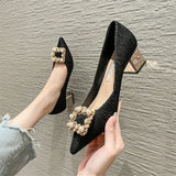 Heels Shoes Women Spring New Korean Version Pearl Rhinestones Pointed Toe Women's Shoes Chunky Heels Pumps Zapatillas