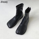 Spring Rock Shoes Flat Heel Zipper Boots Women Ladies Ankle Leather Rubber 2023 Soild Fabric Square Toe Zapatillas