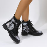 Women's Boots Autumn and Winter New 2023 British Fashion Women's Tooling Boots Skull Flower Print High-top Boots