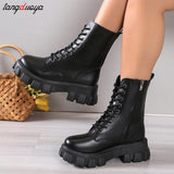 Boots Women Mid Calf new Autumn Winter Lace-up Ladies Chelsea Zipper Botas Mujer Boots Sports Platform Heel Ladies