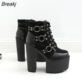 Fashion Motorcycle Boots Women Platform Heels Casual Shoes Lacing Round Toe Shoes Ladies Autumn Boots Black
