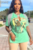 2023 Trendy Street Tassel T-Shirt Punk Style Fashion Printed Tops V Neck Side Slit Sexy Y2K Holiday Top Club Party