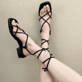 Women Sandals Square Toe High Heels Cross Strap Women Shoes Casual Gladiator Sandals Lace Up Footwear Zapatillas