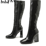 2023 New Fashion Black Snake Print Leather Boots Women Zip Autumn Winter Knee High Shoes Square Toe Thick Heels