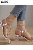 Women Sandals Pvc Crystal Flower Decoration Chunky Heel Peep Toe Back Strap Elastic Band Elegant Fashion Shoes