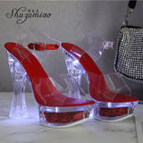 Glowing Sandals Women 2023 Summer New Flowers Transparent High Heels 14.5cm Platform Thick heel Ladies Banquet