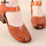 2023 Summer Women Shoes New Soft Bottom Genuine Leather Women Sandals Retro Hollow Thick Heels Sandals For