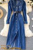 Vintage Blue Denim Dress Women Autumn Lapel Collar Full Sleeve Single breasted Korean Work OL Jeans Long Maxi