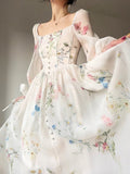 Elegant Floral Midi Dress Chiffon Long Sleeve Evening Party Dress Woman Beach Fairy One Piece Dress Korean 2023