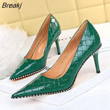 and American Fashion Sexy Women's Shoes Stiletto Heel Patent Leather Low-Cut Pointed-Toe Metal Beads Rivet