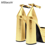 Platform Shoes Women Rhinestone Ankle Strap Prom Shoes Stylish Gold Silver Women Pumps Square Toe Thick Bottom