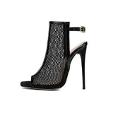 Women PU Leather Sandal Summer 2023 Fishnet Hole Design Peep Toe Thin High Pump Big Size 35~48 Gladiator Ankle Strap Dress