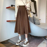 Vintage Brown High Waist Pleated Skirt Women Korean Fashion College Style Long Skirt Ladies Autumn Casual A line