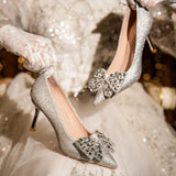 Rhinestone Wedding Bride Shoes Women 2023 Shiny Sequins Thin Heels Pumps Woman Sliver Bowknot Party High Heel Shoes