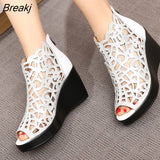 2023 Summer New Fish Mouth Hollow Rhinestone Shoes Wedge Sandals High Heel Sandals Fashion Elegant Women