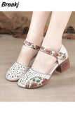 new style Women Genuine Leather Shoes Sandals High Heel Summer Cool Beach Hollow Flowers shoes Female luxury sandals