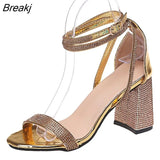 Summer New Silver Shiny Crystal Sexy Women's Sandals Stiletto Wedding Party Fashion Square Root Ladies Shoes and