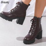 Chelsea Boots Women Leather Ladies Boots Chunky Winter Shoes Platform Ankle Boots Slip On Thick Heel brown long