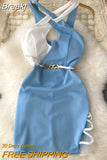 Sexy Bodycon Mini Dress Women Elegant Color Match Spaghetti Strap Cutout Sleeveless Backless Slim Party Dress