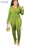 Casual Ruched Design Two Piece Sets Women Long Sleeve Side Lace Up Top And Stacked Pants Plus Size Solid Outfits