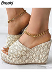 Dropship Platform Wedges Mules Sandals 2023 Summer New Floral Pattern Slide Sandals Comfy Beach Shoes Outside Slider