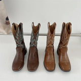 Breakj Coarse And Western Cowboy Boots V Mouth Embroidery Sleeve Knight Boots In The Barrel Square Retro