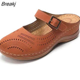 New Women Flat Shoes Mules For Women PU Leather Round Head Sandals Closed Toe Sandals Women Slipper Non-slip Retro