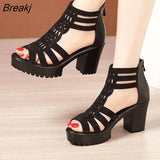Hoge Hakken Gladiator Sandalen Vrouw Open Hoofd Sexy Klinknagel Blok Hak Platform Schoenen Zomer Terug Zip Size