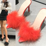 New Summer SexyTemperament Feather Female Slippers Transparent High Heels Fur Stiletto Open Toe Ladies Slippers Plus