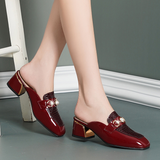 Women Baotou Half Slippers Fashion Metal Chain Square Toe Thick Middle Heel British Style Office Casual Shoes Spring Summer