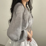 White Knitted Cardigan Women Summer Thin Sunscreen Lace-Up Knitwear Tops Female Korean Style Lantern Sleeve Short
