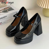 High Heels Mary Jane Shoes Women 2024 Patent Leather Platform Pumps Woman Elegant Solid Office Heels Thick-Heeled