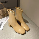 Brand Women Beige 7cm Block High Heels Ankle Boots 2023 Winter Female Square Toe Chelsea Boots High Quality Short