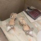 New Fashion Glitter Rhinestones Women Pumps Crystal Bowknot Silk Pointed Toe Buckle Strap Thin High Heels Party Prom