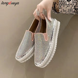 pink Luxury Women Flats Rhinestone Sewing Platform Loafers Slip on Sewing Shallow Fashion Casual Shoes Ladies