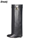 Women's Knee High Boots Lock Buckle Strap Slip-on Black Boots Thick Bottom Designer Shoes Luxury Brand Leather Boots For