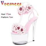 Women Sandals 17cm Thin Heels Ankle Strap Summer High Heels Sexy Party Shoes For Women Handmade Flowers Modern