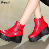Handmade Genuine Leather Women's Boots Round Toe Retro Thick-soled Wedges Ankle Boots Embroidered High-heeled Boots